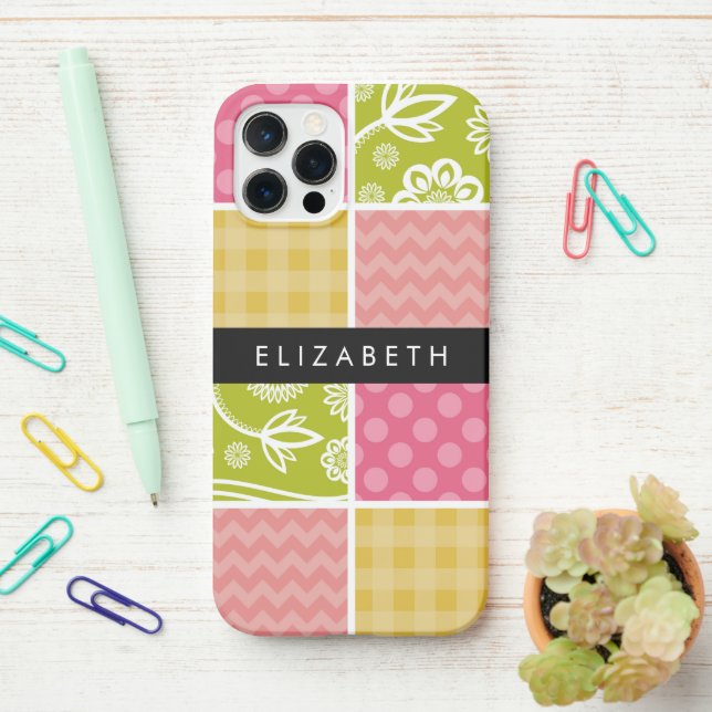 Zigzag, Zickzack, Polka Dots, Gingham, Ihr Name iPhone Hülle (Auf dem Schreibtisch)