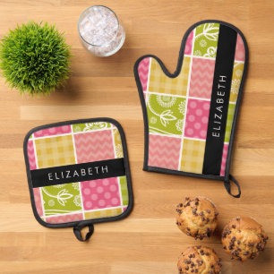 Zigzag, Zickzack, Polka Dots, Gingham, Ihr Name Ofenhandschuh & Topflappen-Set