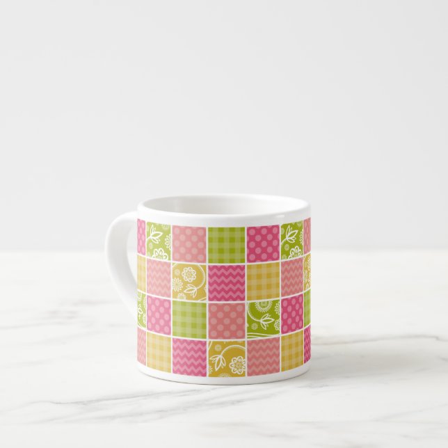 Zigzag, Zickzack, Polka Dots, Gingham, Patchwork Espressotasse (Vorderseite Links)
