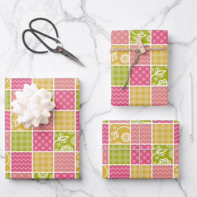 Zigzag, Zickzack, Polka Dots, Gingham, Patchwork Geschenkpapier Set (Vorderseite)