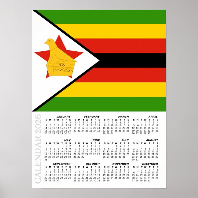 Zimbabwe 2026 Calendar, Large, Zimbabwe Flag Poster (Vorne)