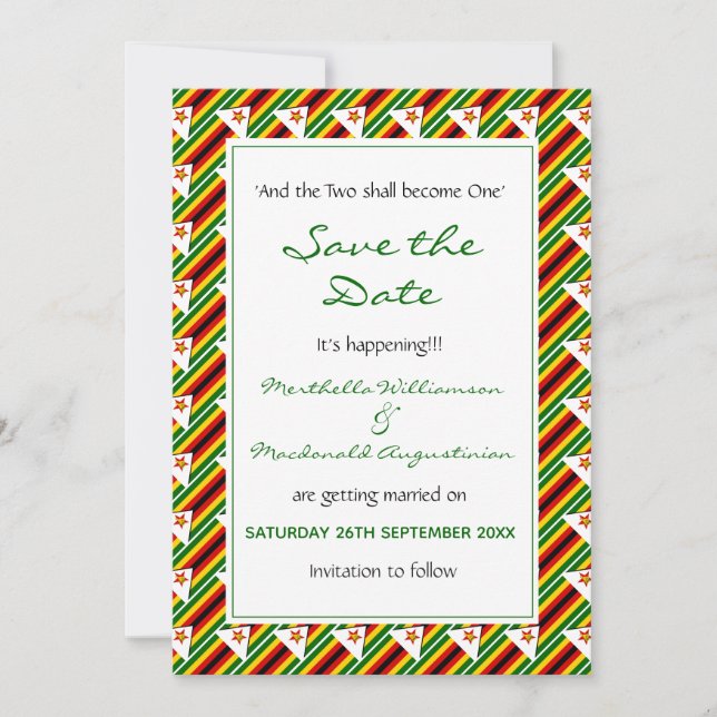 ZIMBABWE FLAG PASSENDE Schrift IST DAS EREIGNIS! Save The Date (Vorderseite)