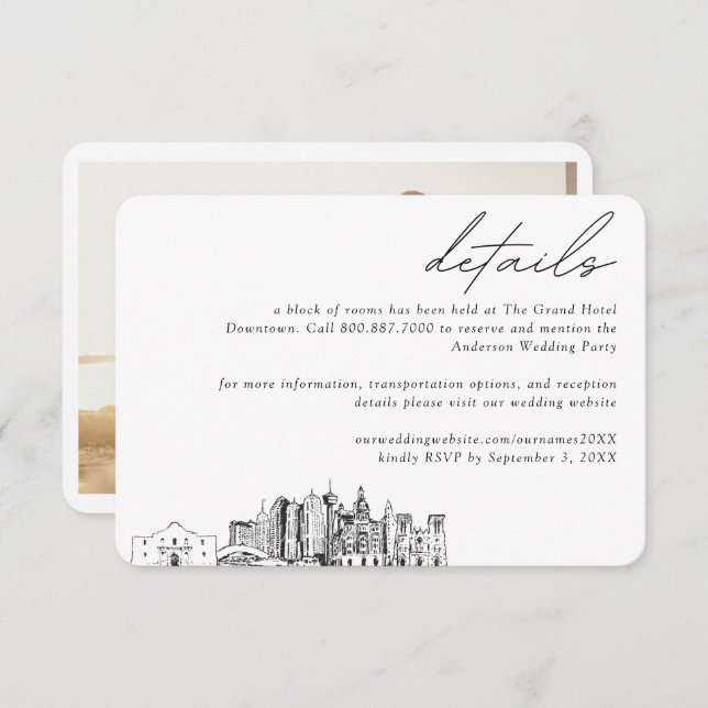 Zimmerdetails des San Antonio Wedding Hotels Begleitkarte (Vorne/Hinten)