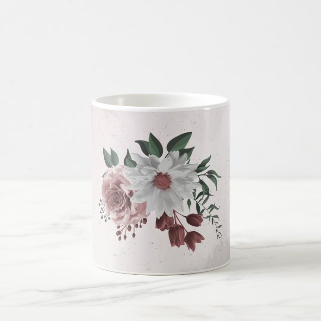 Zimt Rose Rosa und weiße Blumengrün Kaffeetasse (Mittel)