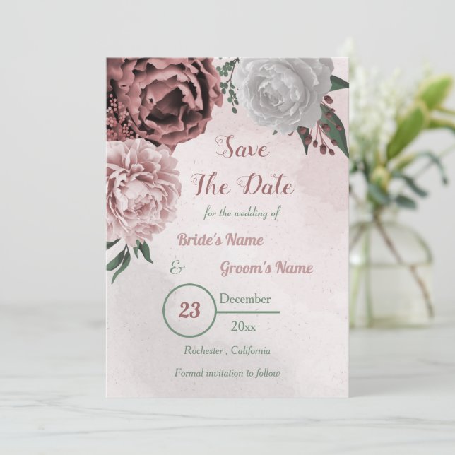 Zimt Rose Weiße Blumengrün Save The Date (Stehend Vorderseite)