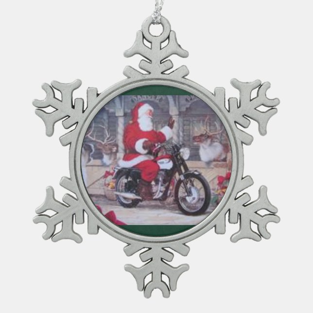 Zinn Sankt auf einer Motorrad-Weihnachtsverzierung Schneeflocken Zinn-Ornament (Vorderseite)