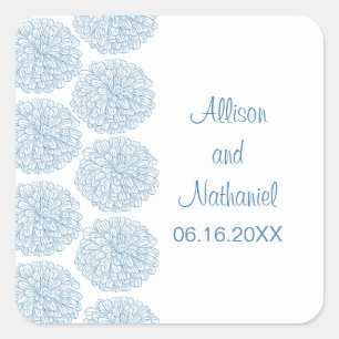 Zinnia Border Wedding Stickers, Blue Quadratischer Aufkleber