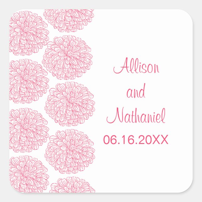 Zinnia Border Wedding Stickers, rosa Quadratischer Aufkleber (Vorderseite)