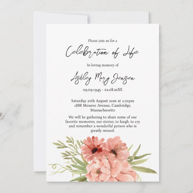 Zinnia Celebration of Life Photo Funeral  Einladung (Rückseite)
