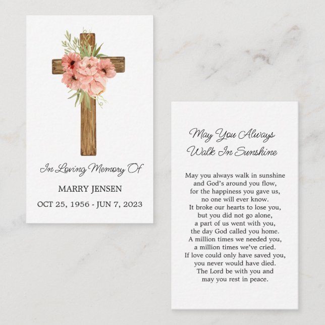 Zinnia Cross Memorial Funeral Prayer Card Visitenkarte (Vorne/Hinten)