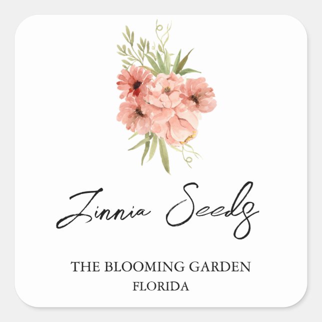 Zinnia-Saateetikett Quadratischer Aufkleber (Vorderseite)