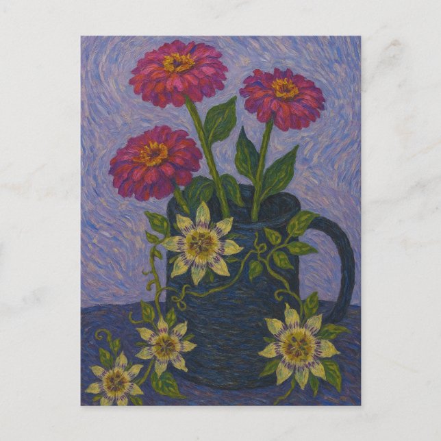 Zinnia und Passion Blume Postkarte (Vorderseite)