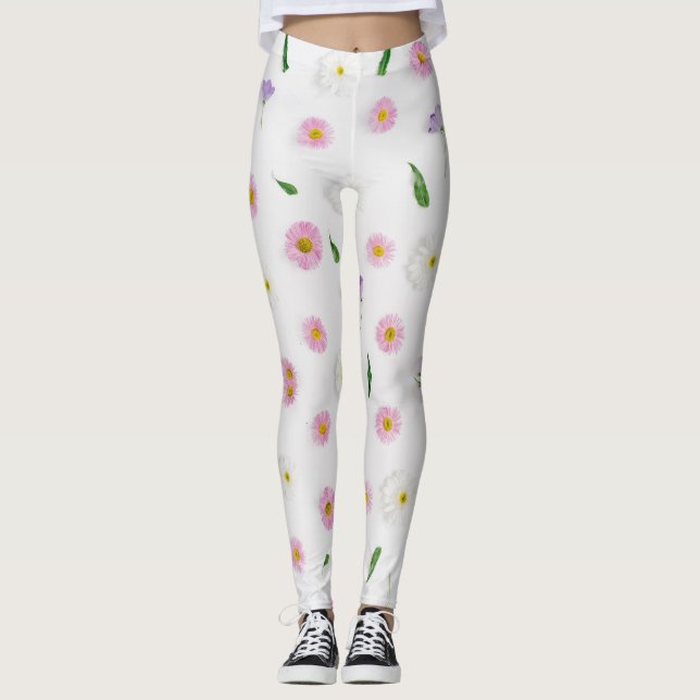 Zinnia und tropische Blume auf weißem Grund Leggings (Vorderseite)