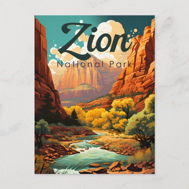 Zion National Park Illustration Retro Postkarte (Vorderseite)