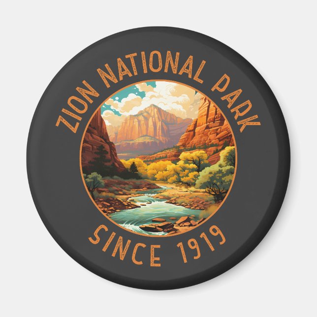 Zion National Park Retro Distressed Circle Magnet (Vorne)