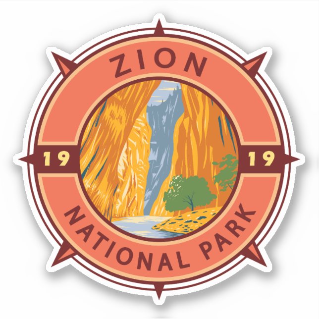 Zion National Park Retro Kompass Emblem Aufkleber (Vorderseite)