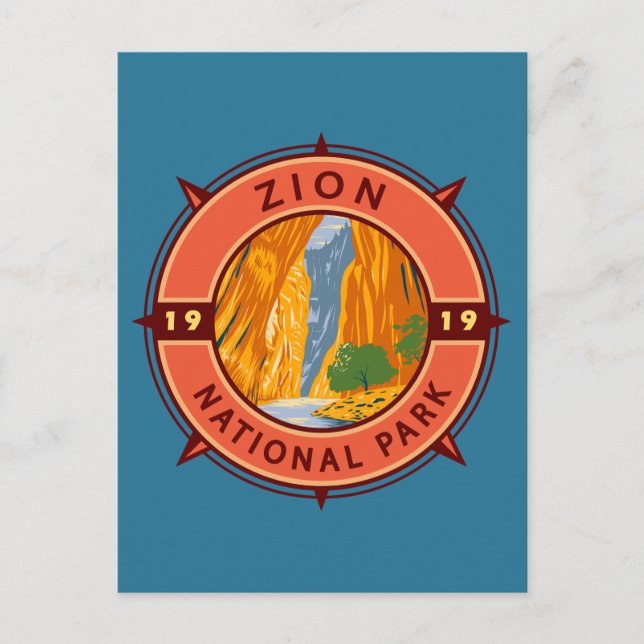 Zion National Park Retro Kompass Emblem Postkarte (Vorderseite)