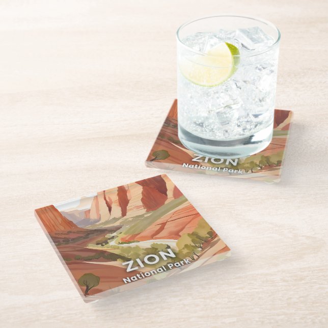 Zion National Park | Travel Watercolor Valley Glasuntersetzer (Schrägansicht)