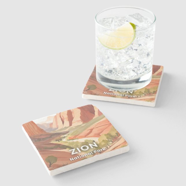 Zion National Park | Travel Watercolor Valley Steinuntersetzer (Seitenansicht)