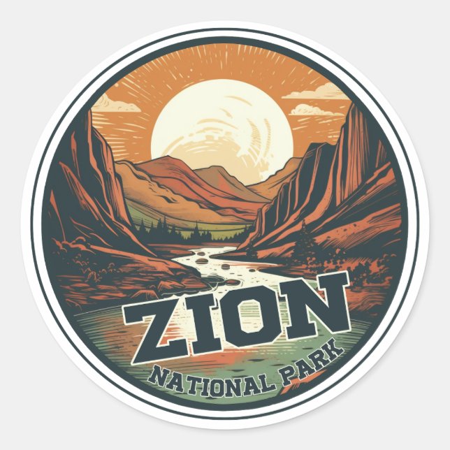Zion National Park Vintag Sunset Travel Runder Aufkleber (Vorderseite)