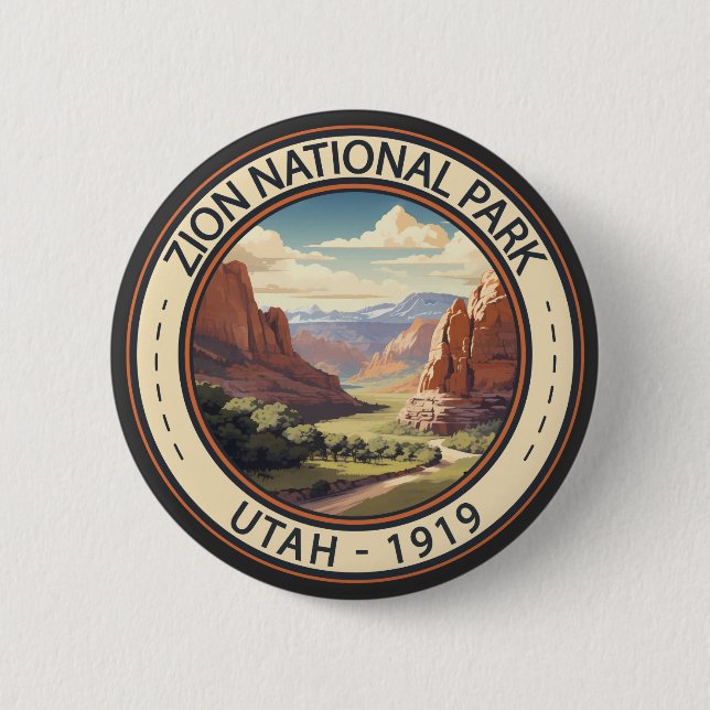 Zion Nationalpark Illustration Reisen Kunst, Dicht Button (Vorderseite)