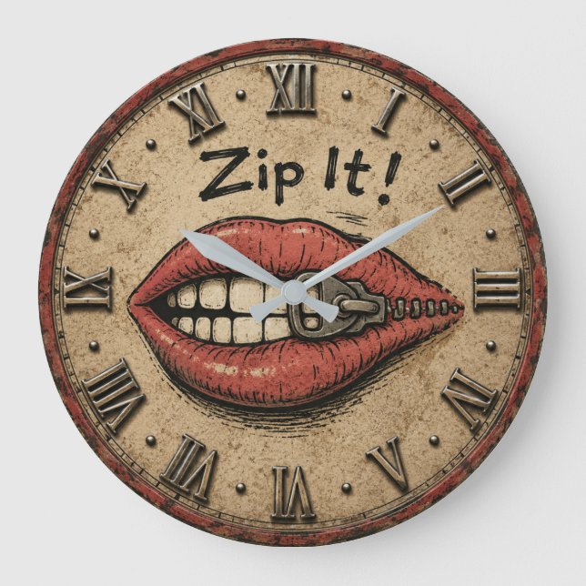 Zip It! Funny Vintage Zipper Lips  Große Wanduhr (Vorderseite)