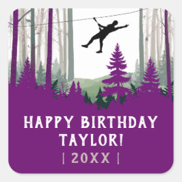 Zipline Nature Adventure Lila Forest Birthday Quadratischer Aufkleber