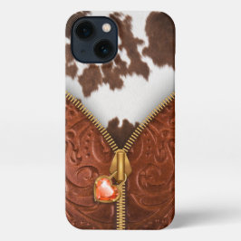 Zipper Western Cowhide Tooled Leather iPhone 13 Hülle