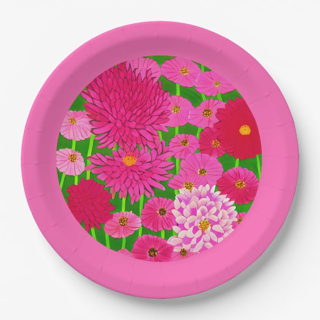 Zirkel der Blume, Fuchsienrosa Chrysanthemen Pappteller (Vorderseite)