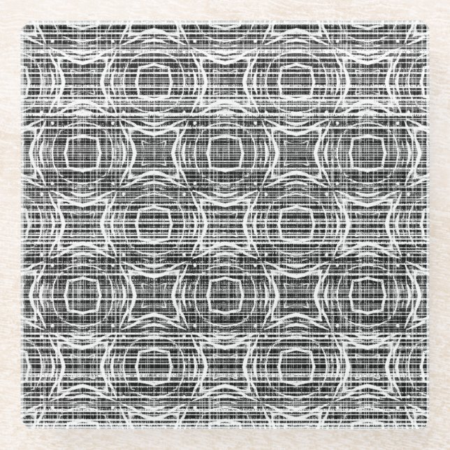 Zirkelmuster aus schwarzem, weißem und grauem Karo Glasuntersetzer (Vorderseite)