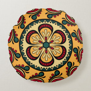 Zirkuläre Ornamente, farbenfrohe nahtlose Muster. Rundes Kissen