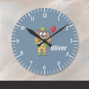 Zirkus Clown Elefant Blaues Kinderzimmer Wanduhr