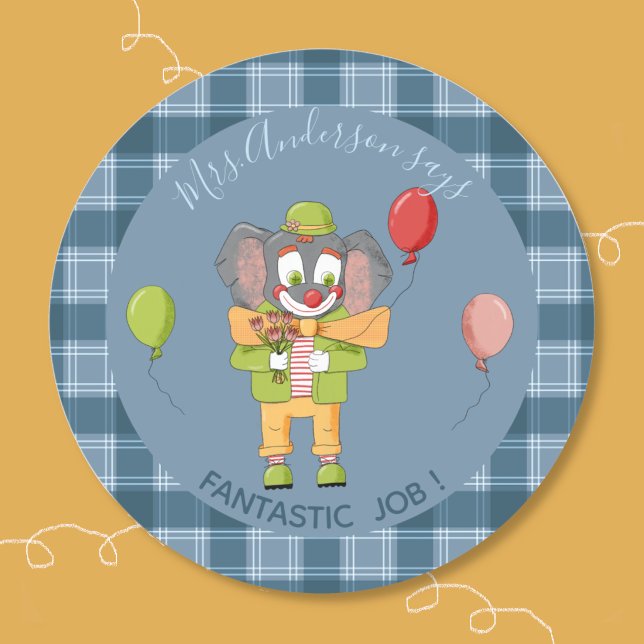 Zirkus Clown Elefant Schüler Belohnungsaufkleber Runder Aufkleber (Fun student reward sticker with a clown elephant . Personalize it with your text .)