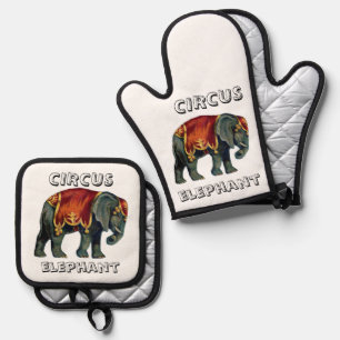 Zirkus Elefant Auftritt Vintage , Poster Ofenhandschuh & Topflappen-Set