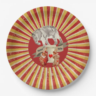 Zirkus-Elefant im Vintage-Streifen-Poster-Collage Pappteller