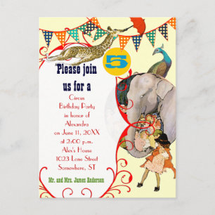 Zirkus-Elefant-Pfau-Giraffen-Party für Kinder Einladungspostkarte
