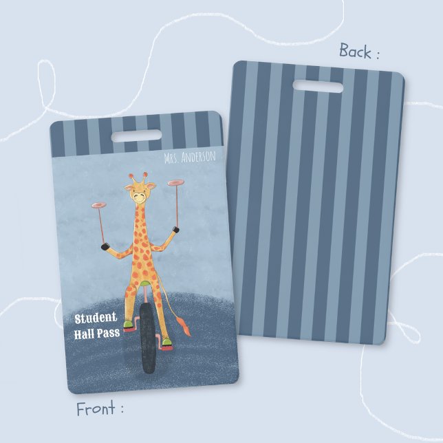 Zirkus-Giraffe-Blau-Schüler-Hall-Pass-Abzeichen Ausweis (Circus giraffe elementary school blue hall pass badge .)