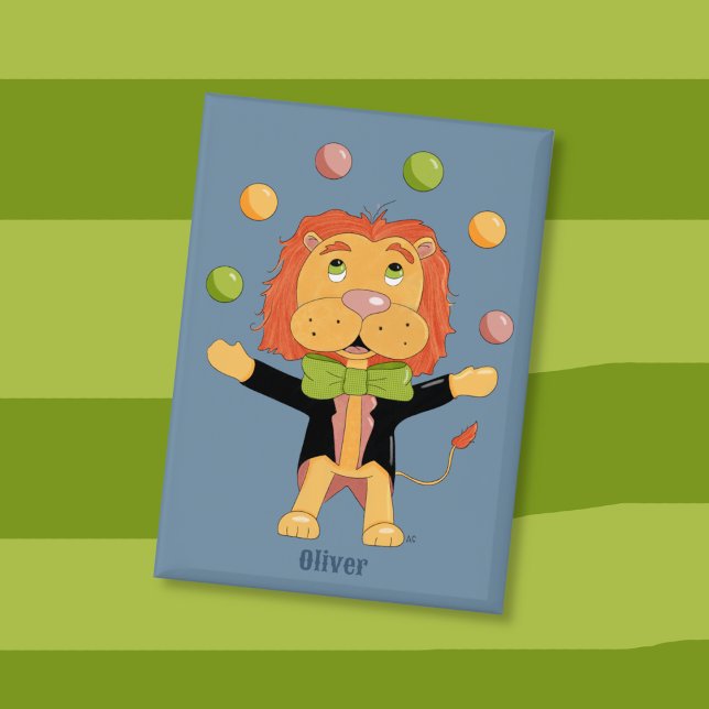 Zirkus Jonglierender Löwe Kind Blaue Taste mit Nam Button (Fun button for kids to collect with a circus lion juggling balls . )