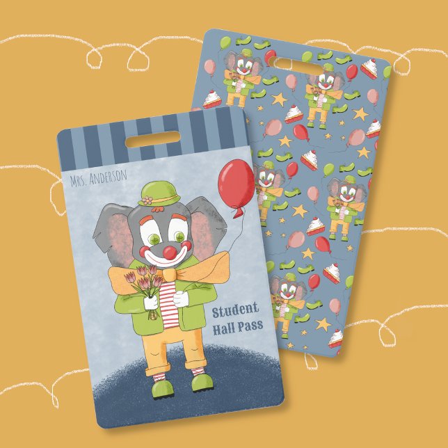 Zirkus-Themen-Clown-Elefant-Blauer Hall-Pass-Auswe Ausweis (Circus Theme Clown Elephant Student Hall Pass Badge .)