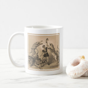 Zirkusartist steht unter wilden Tieren Kaffeetasse