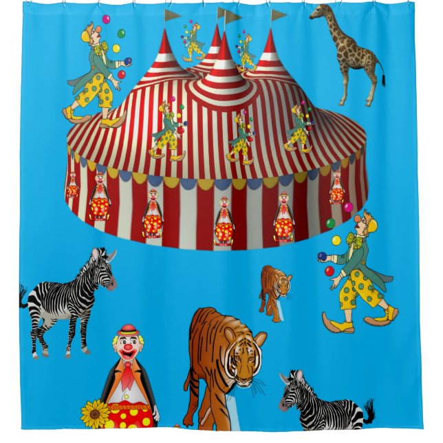 Zirkusblau, weißer Duschvorhang für Kinder (Vorderseite)