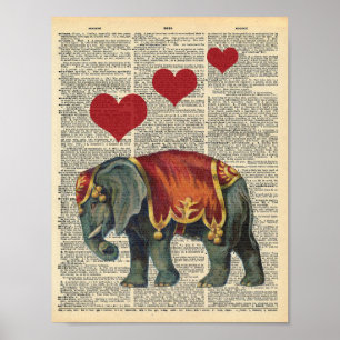 Zirkuselefant und Herzen auf Wörterbuch im Vintage Poster