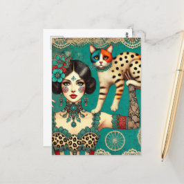 Zirkusfrau und Katze Postkarte