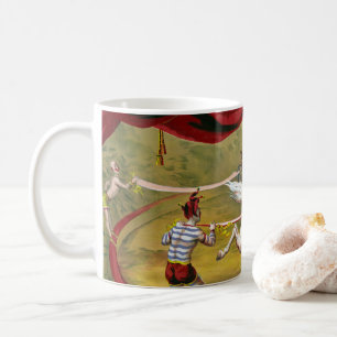 Zirkusplakat mit Akrobat auf einem Pferd. Kaffeetasse