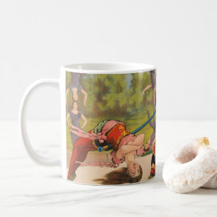 Zirkusplakat mit akrobatischen Darbietungen, circa Kaffeetasse