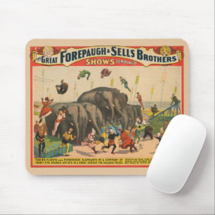 Zirkusplakat von Akrobaten, die über Elefanten spr Mousepad