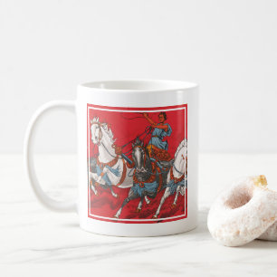 Zirkusplakat von zwei Männern in Wagen beim Rennen Kaffeetasse
