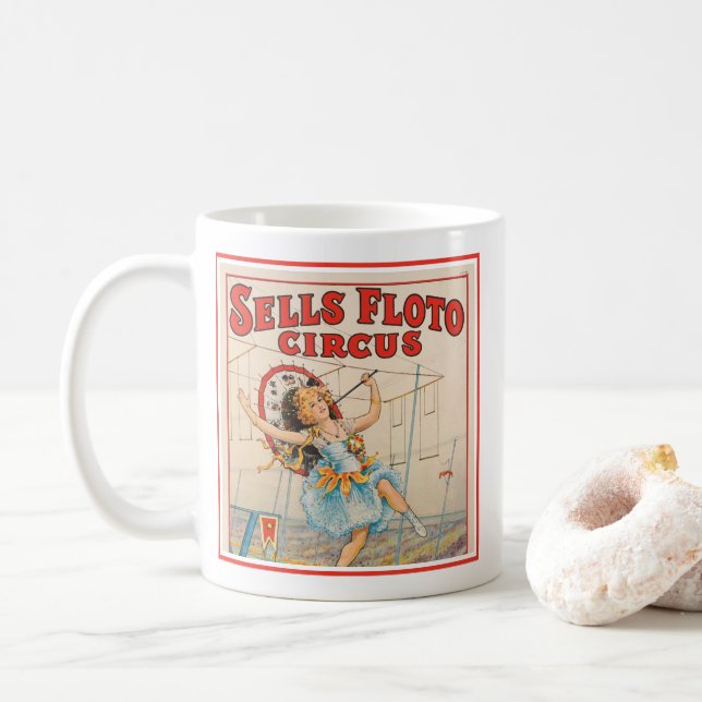 Zirkusposter eines Seilwanderers mit Sonnenschirm Kaffeetasse (Mit Donut)