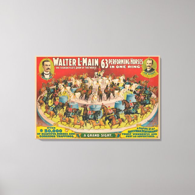 Zirkusposter mit 63 Darstellenden Pferden in einem Leinwanddruck (Vorderseite)