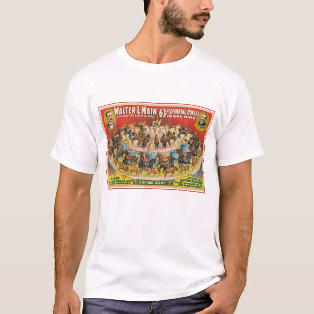 Zirkusposter mit 63 Darstellenden Pferden in einem T-Shirt (Vorderseite)